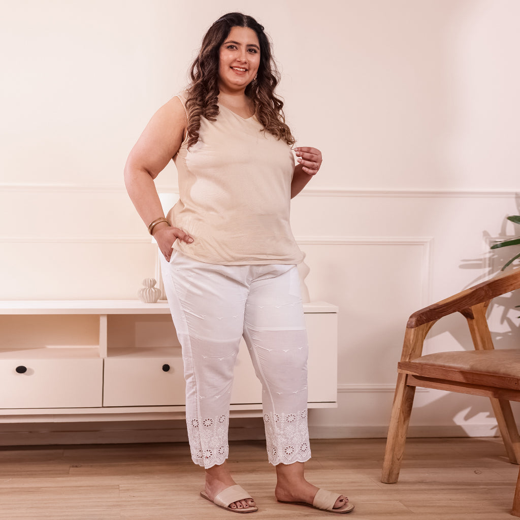 Cotton Embroidered Ankle-Length Pants for Women-White