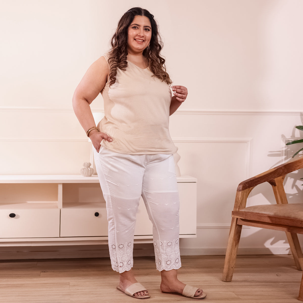 Cotton Embroidered Ankle-Length Pants for Women-White