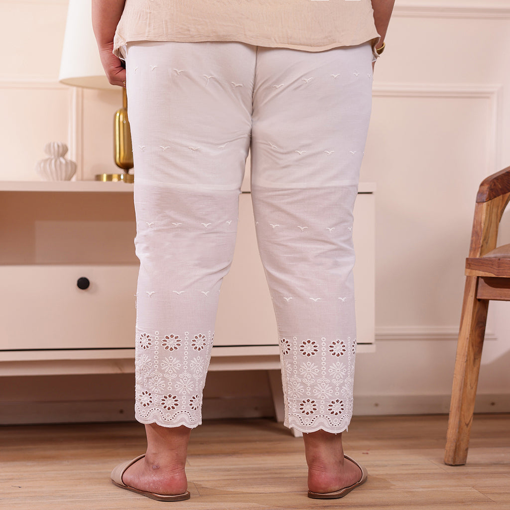 Cotton Embroidered Ankle-Length Pants for Women-White