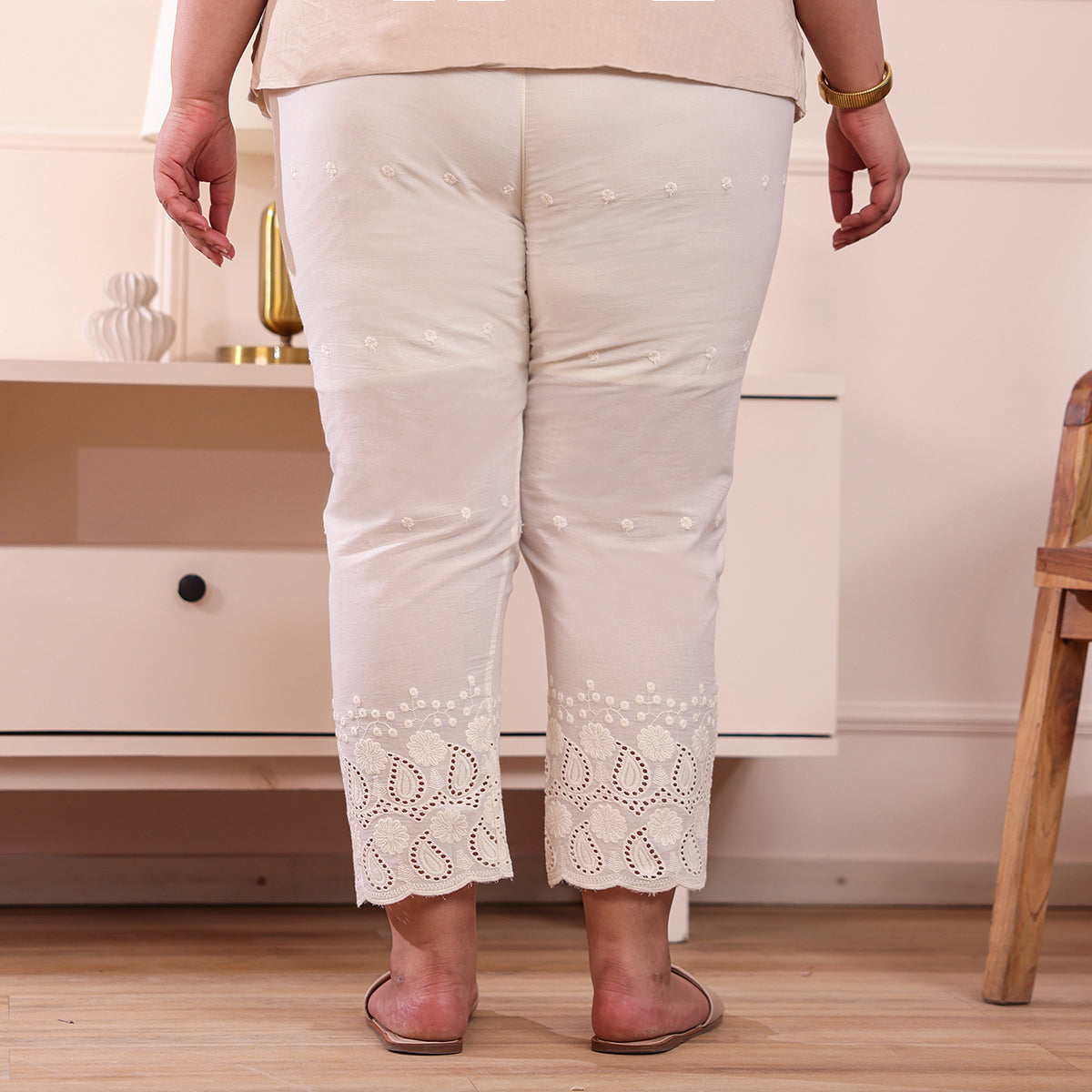Cotton Embroidered Ankle-Length Pants for Women-Off White