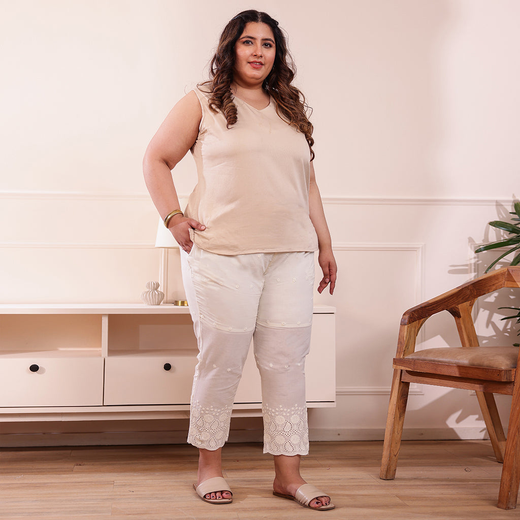 Cotton Embroidered Ankle-Length Pants for Women-Off White