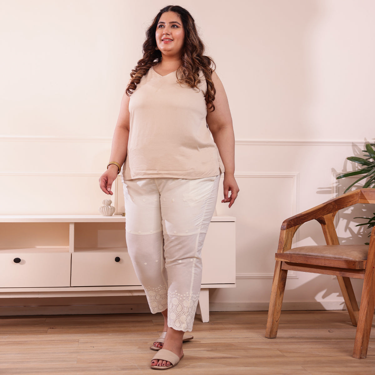 Cotton Embroidered Ankle-Length Pants for Women-Off White