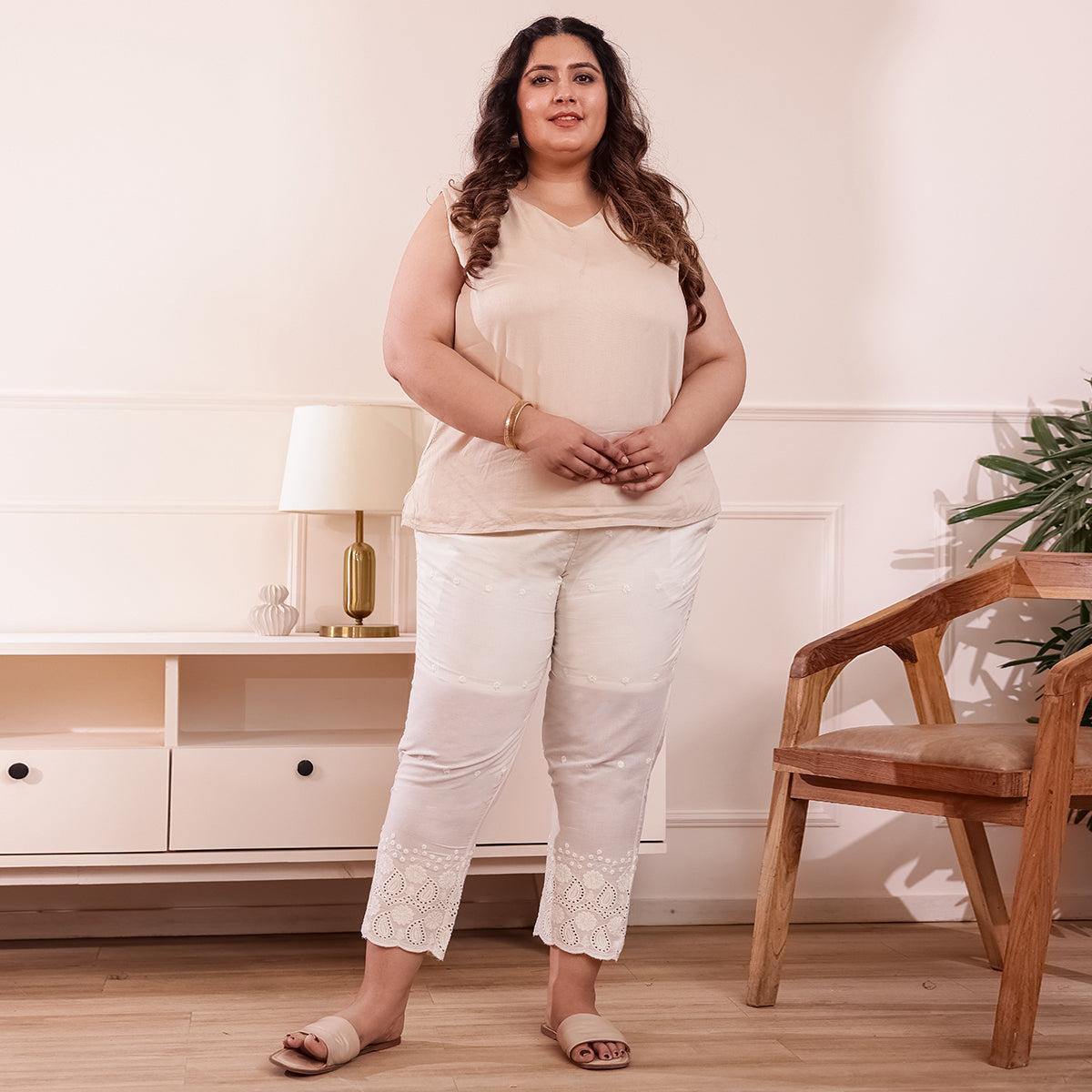 Cotton Embroidered Ankle-Length Pants for Women-Off White