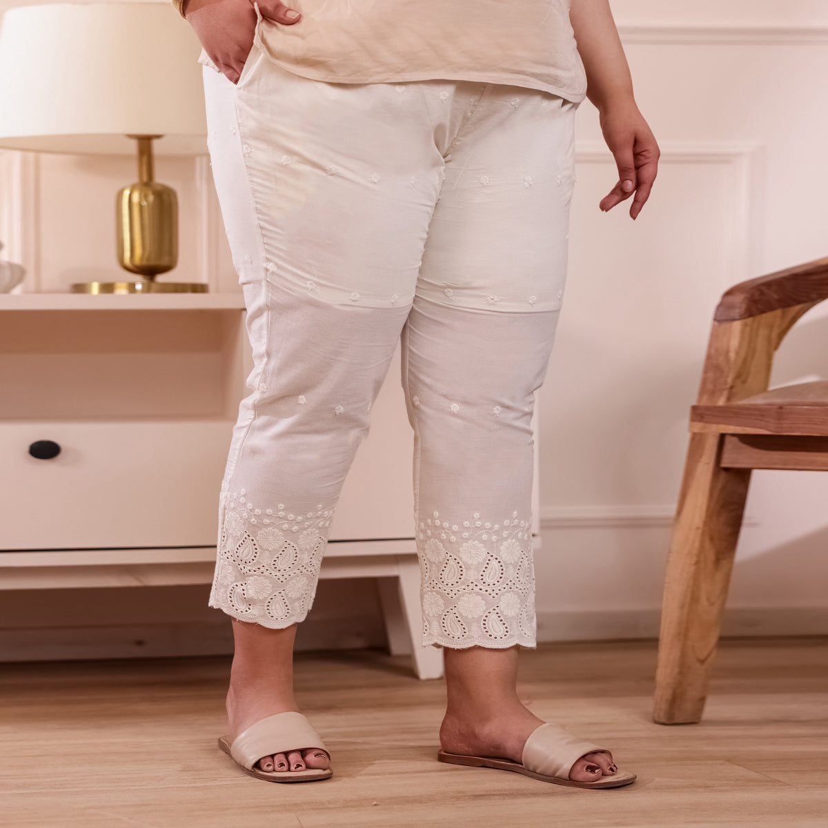 Cotton Embroidered Ankle-Length Pants for Women-Off White