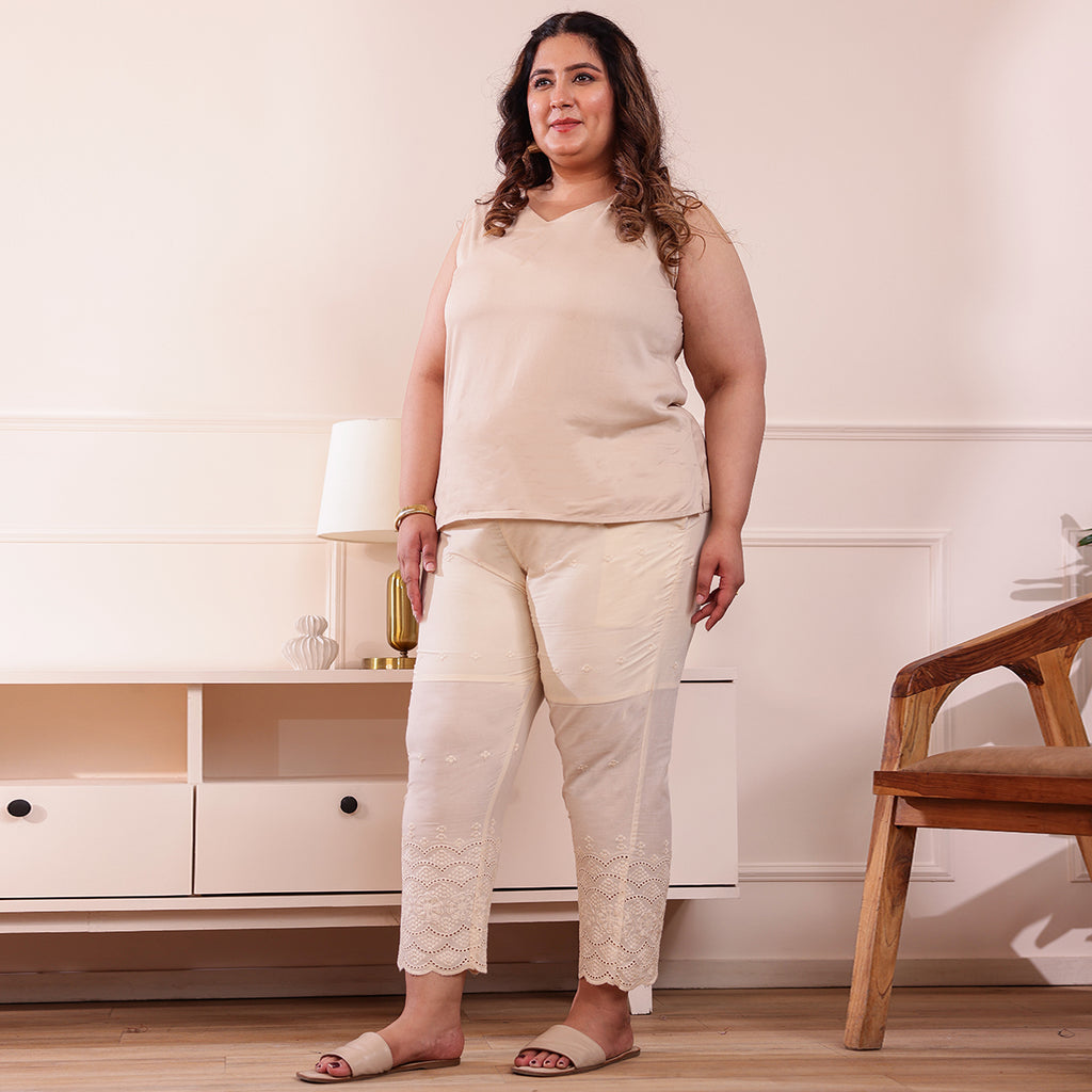 Cotton Embroidered Ankle-Length Pants for Women-Cream