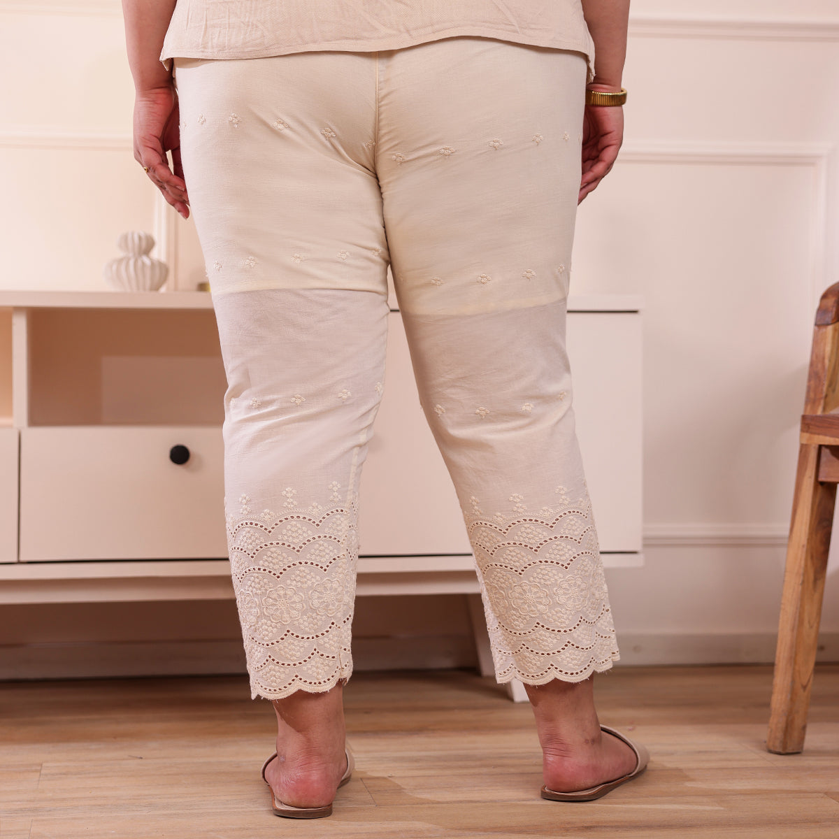 Cotton Embroidered Ankle-Length Pants for Women-Cream