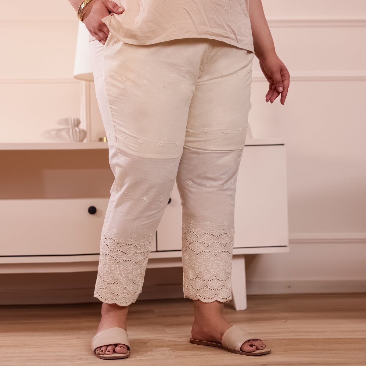 Cotton Embroidered Ankle-Length Pants for Women-Cream
