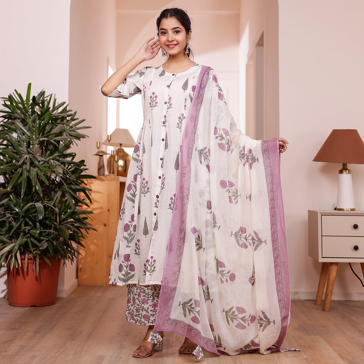 White & Purple Floral Print Fit & Flared Kurta with Palazzo and Dupatta Set
