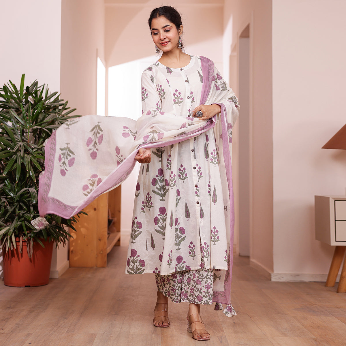 White & Purple Floral Print Fit & Flared Kurta with Palazzo and Dupatta Set