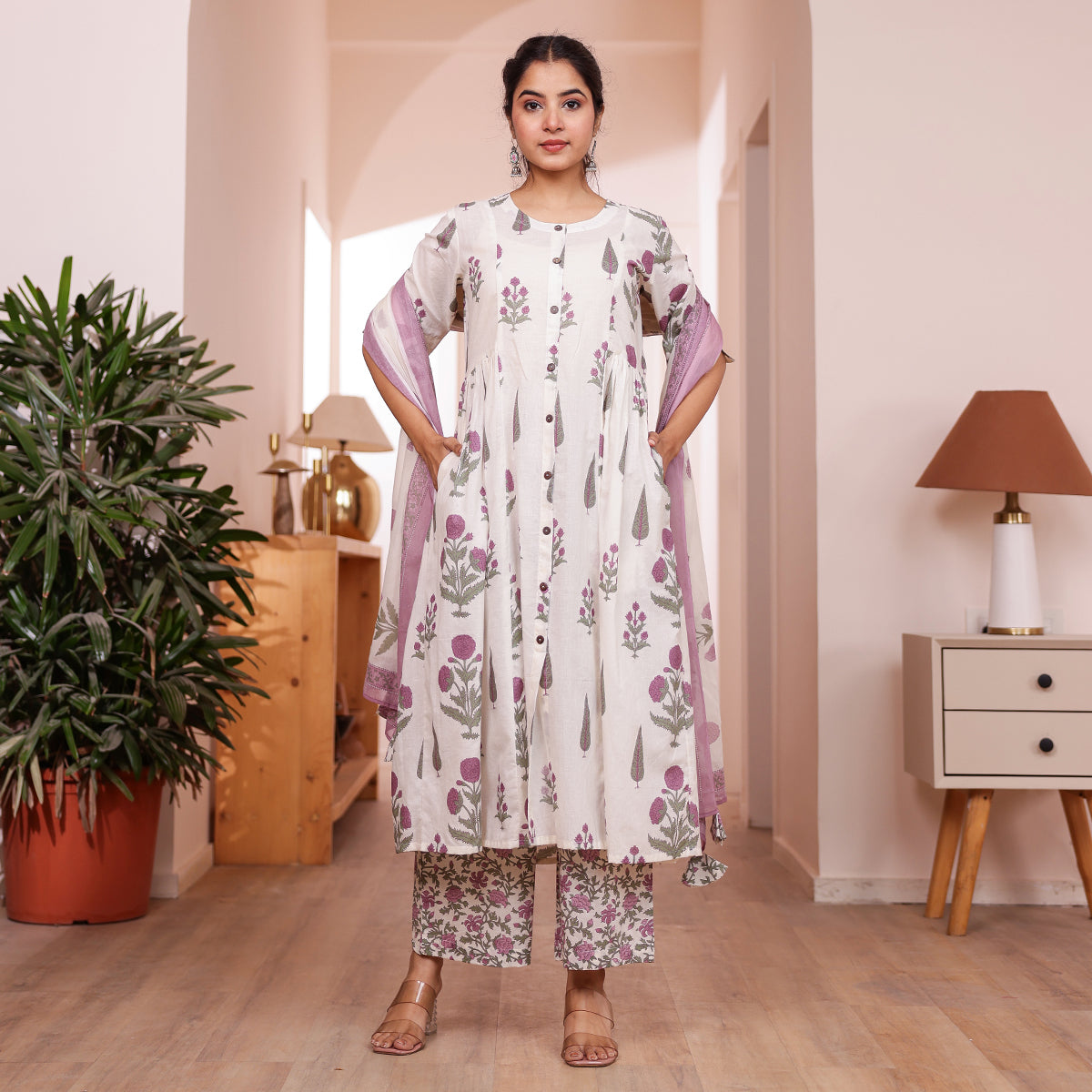 White & Purple Floral Butta Printed Cotton Kurta Palazzo Set With Dupatta