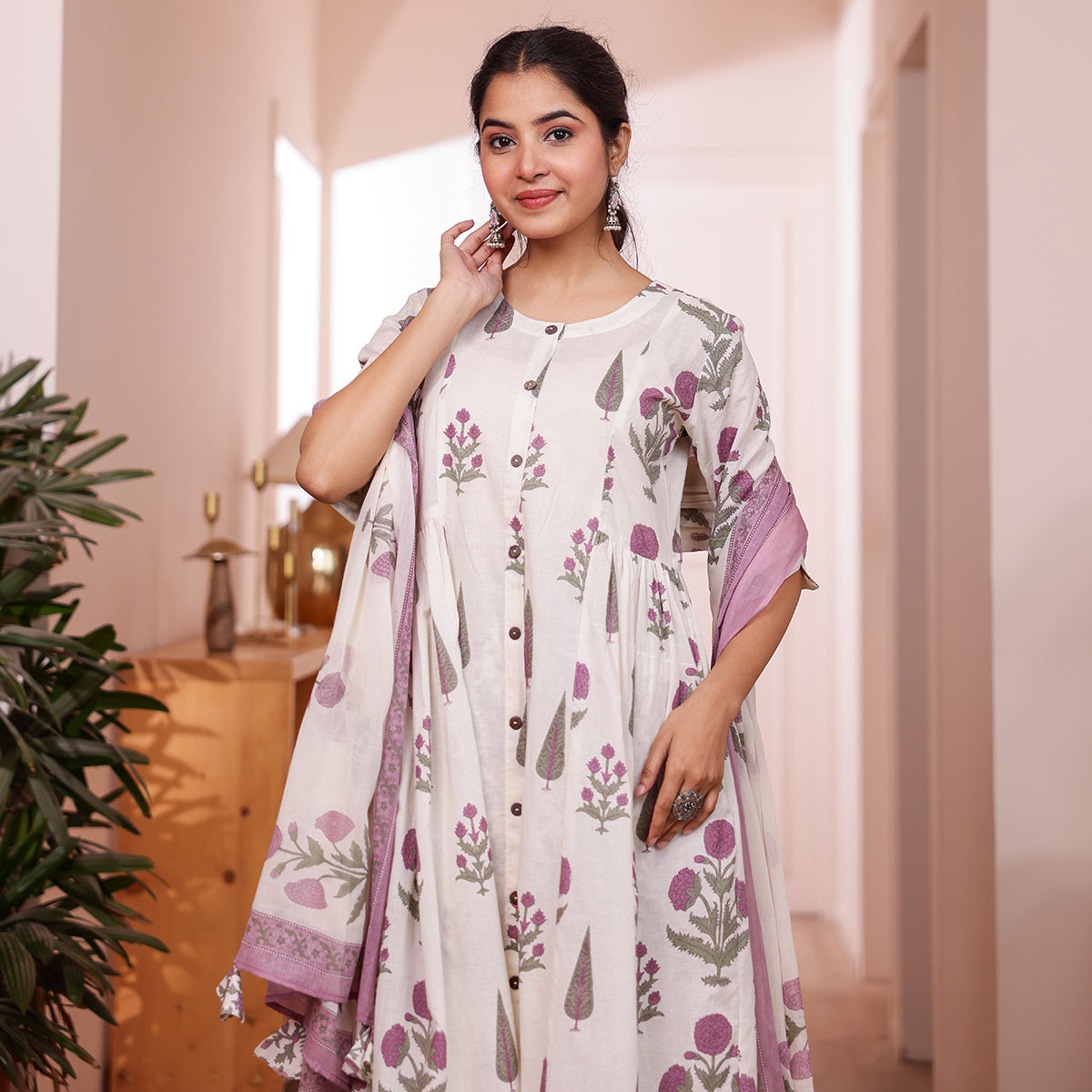White & Purple Floral Butta Printed Cotton Kurta Palazzo Set With Dupatta