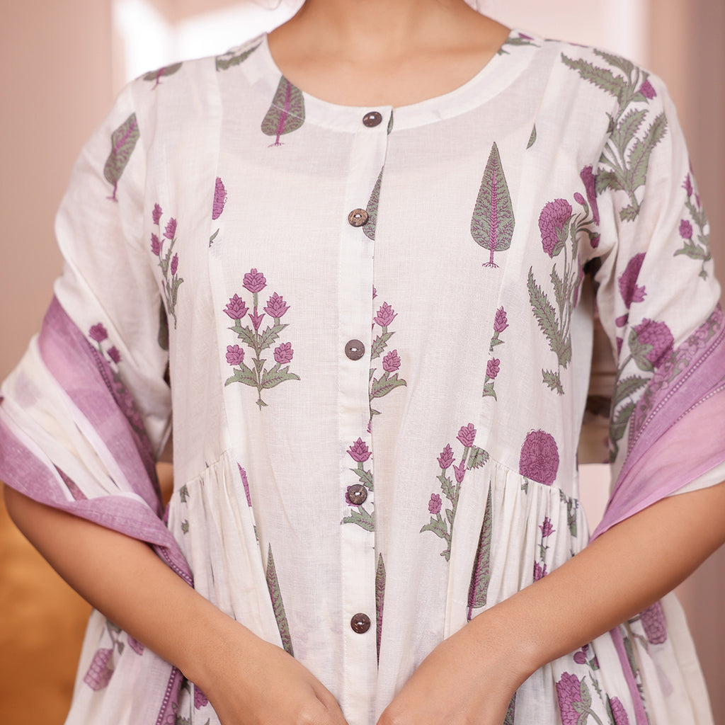 White & Purple Floral Butta Printed Cotton Kurta Palazzo Set With Dupatta