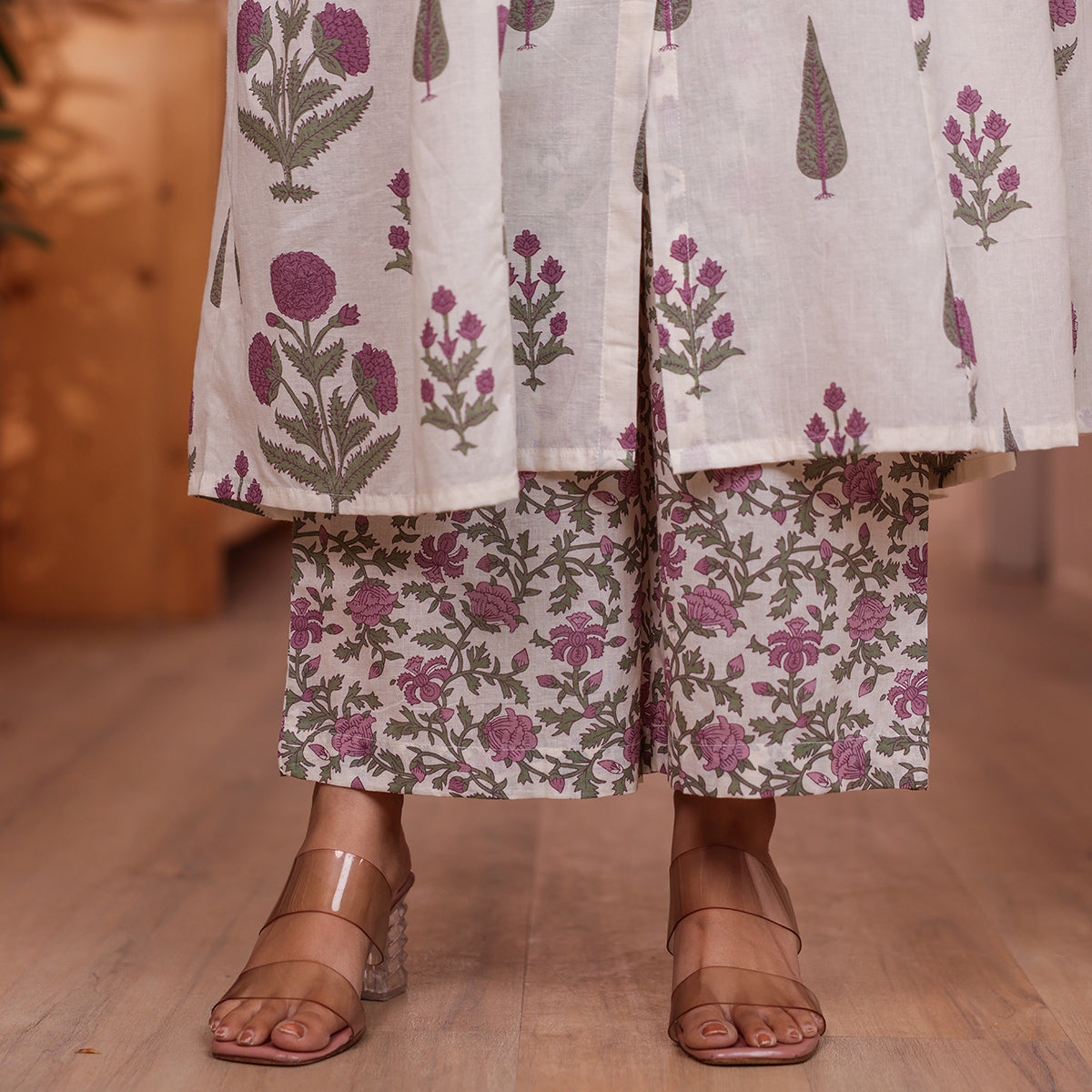 White & Purple Floral Butta Printed Cotton Kurta Palazzo Set With Dupatta