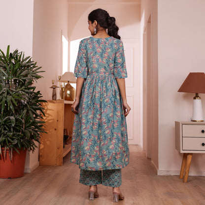 Teal Green Veil Printed Cotton Co-ord Set