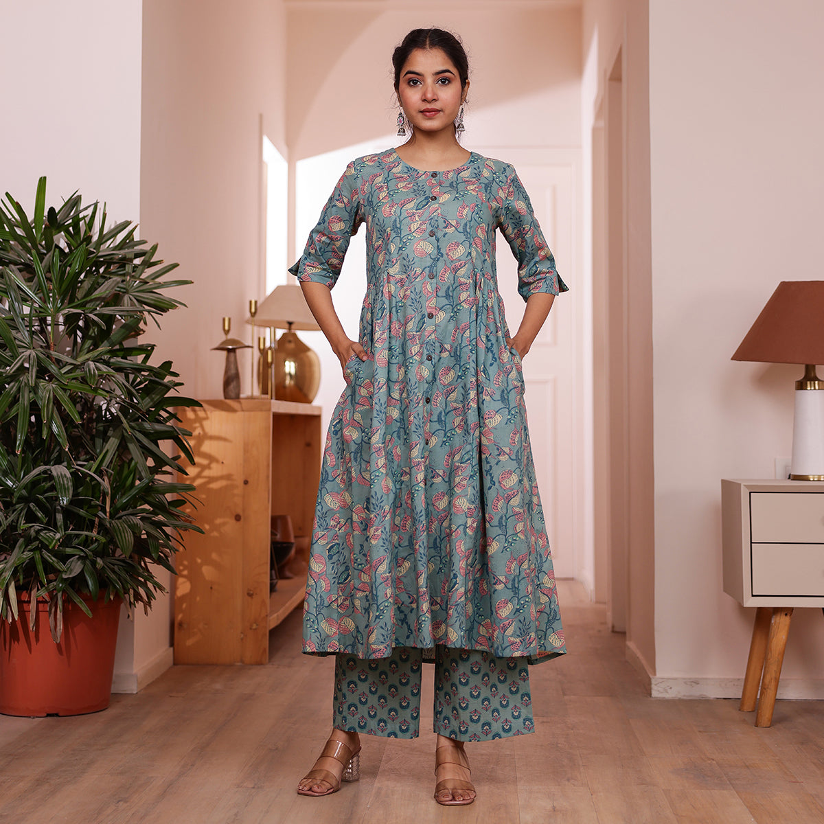 Teal Green Veil Printed Cotton Co-ord Set