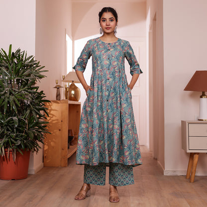 Teal Green Veil Printed Cotton Co-ord Set