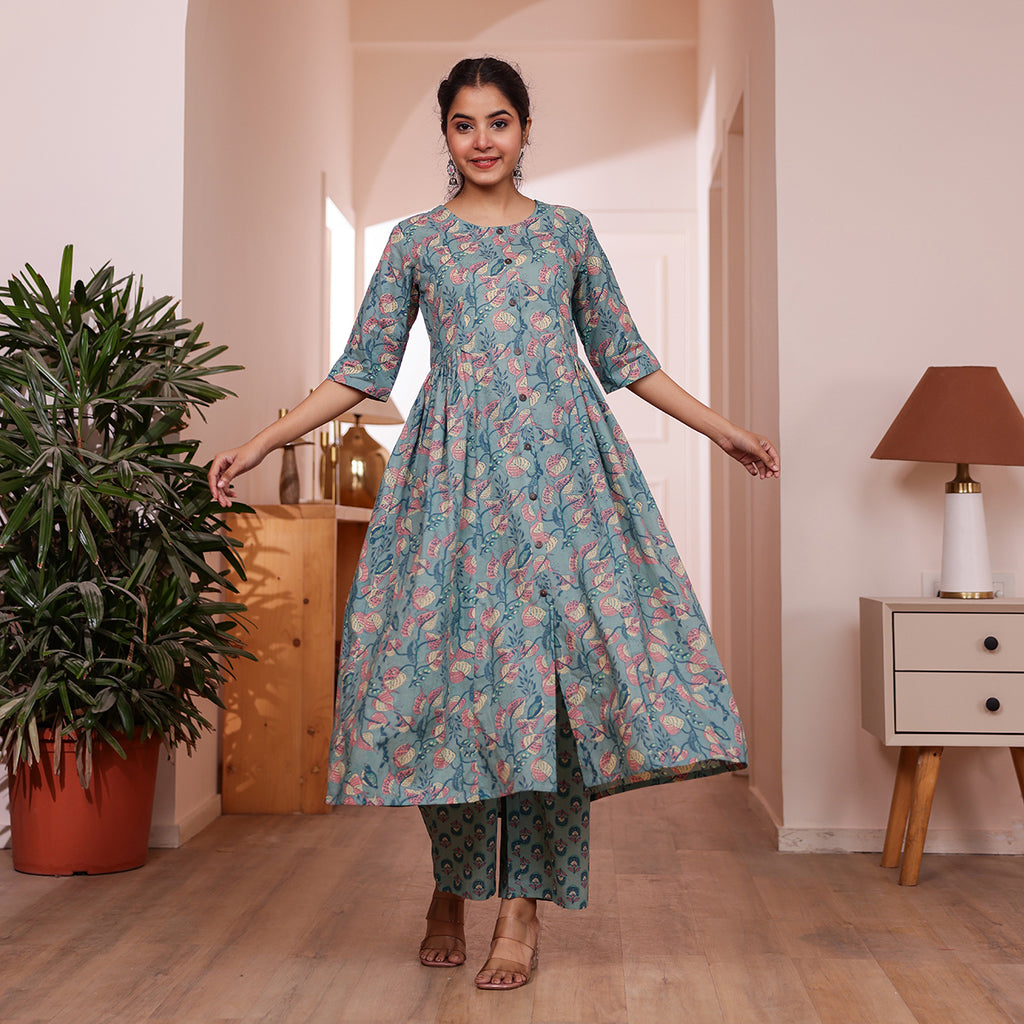 Teal Green Veil Printed Cotton Co-ord Set