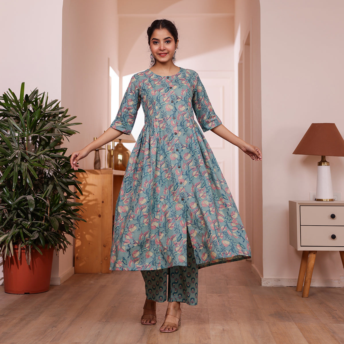 Teal Green Veil Printed Cotton Co-ord Set