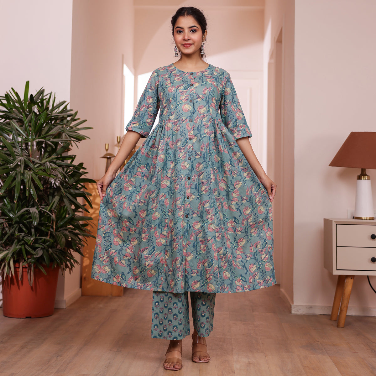 Slate Blue Floral Print Fit & Flared Kurta with Palazzo Pants