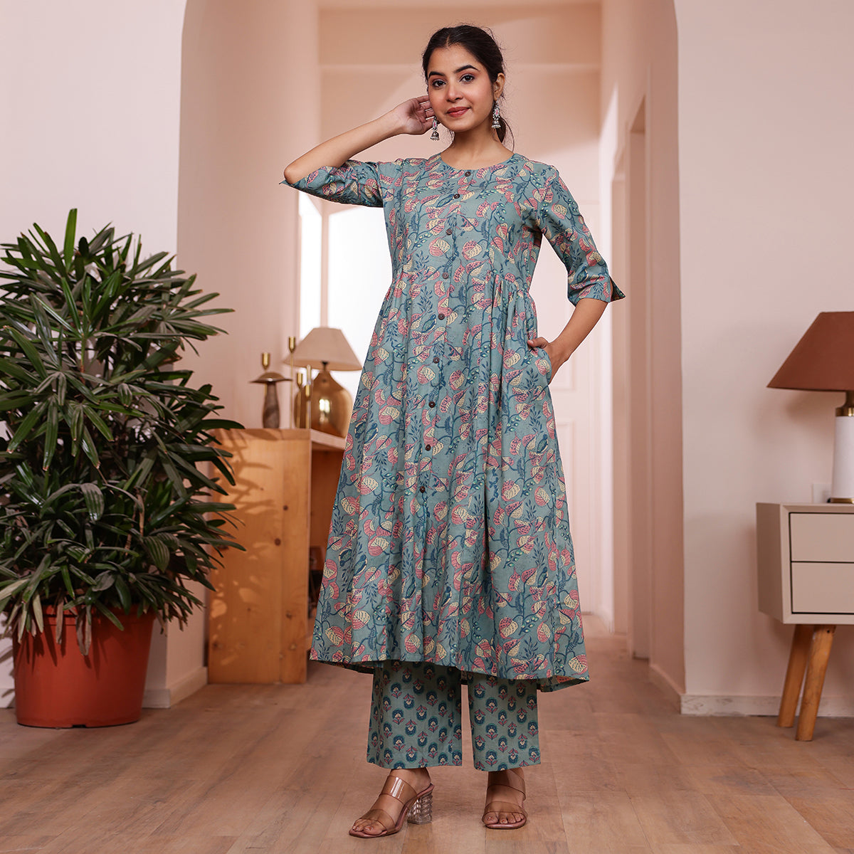 Teal Green Veil Printed Cotton Co-ord Set