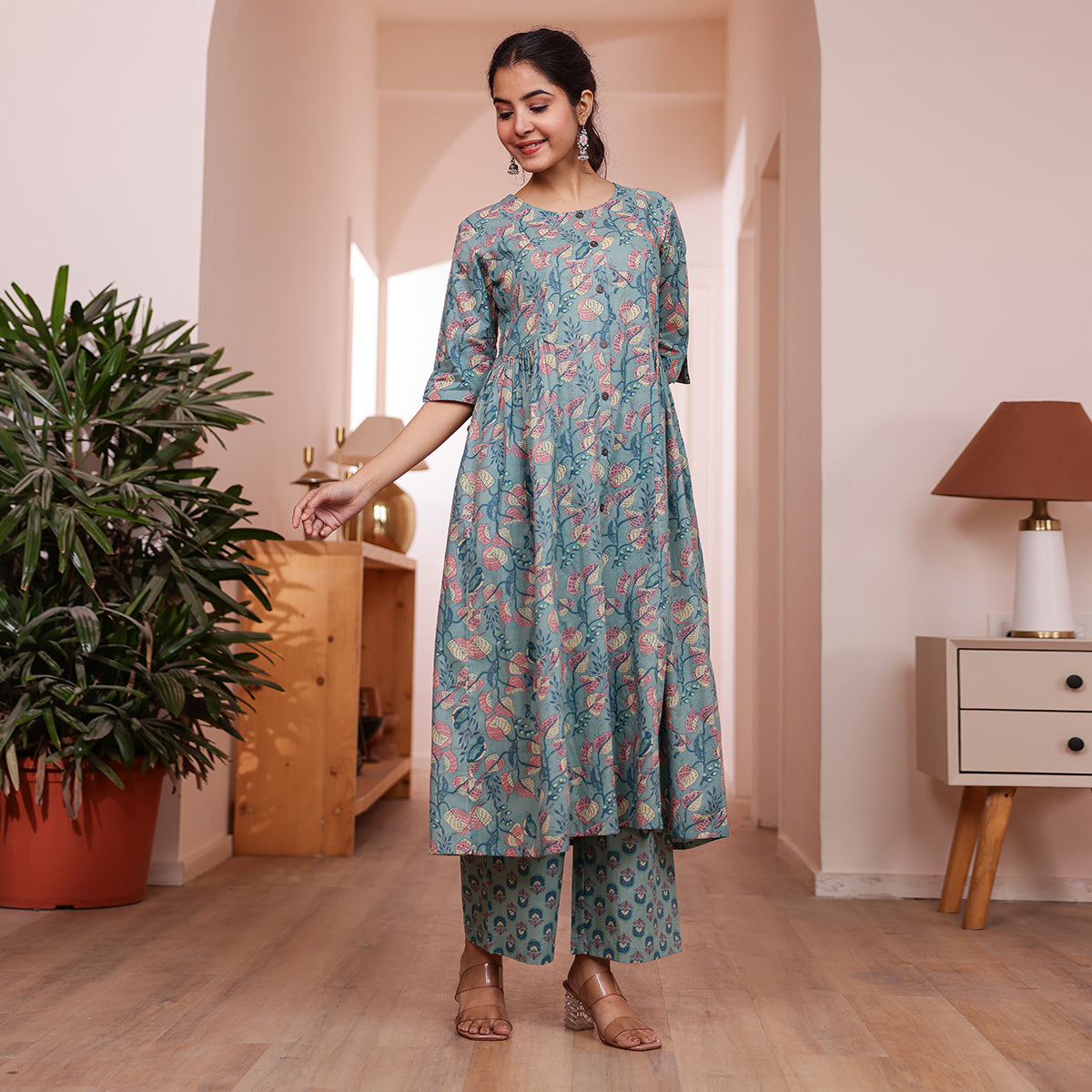 Teal Green Veil Printed Cotton Co-ord Set