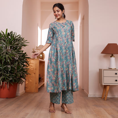 Teal Green Veil Printed Cotton Co-ord Set