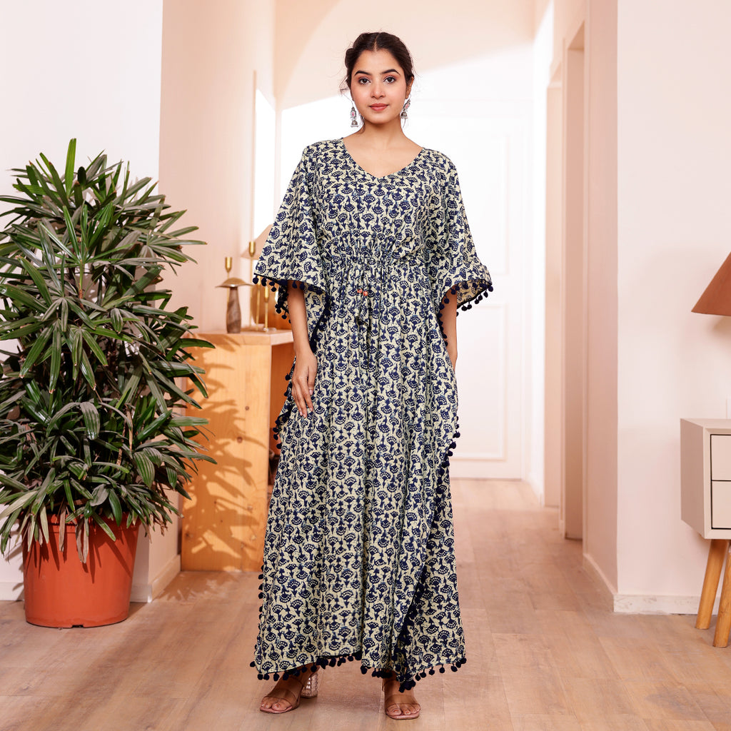 Off White & Blue Motif Printed Long Kaftan with Dark Navy Blue Pom-Pom Lace