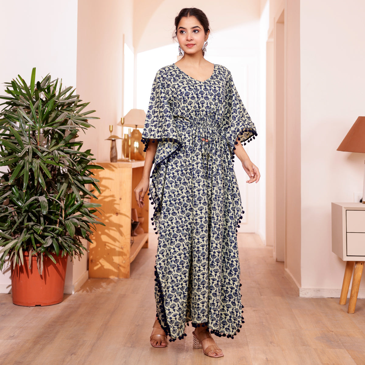 Off White & Blue Motif Printed Long Kaftan with Dark Navy Blue Pom-Pom Lace
