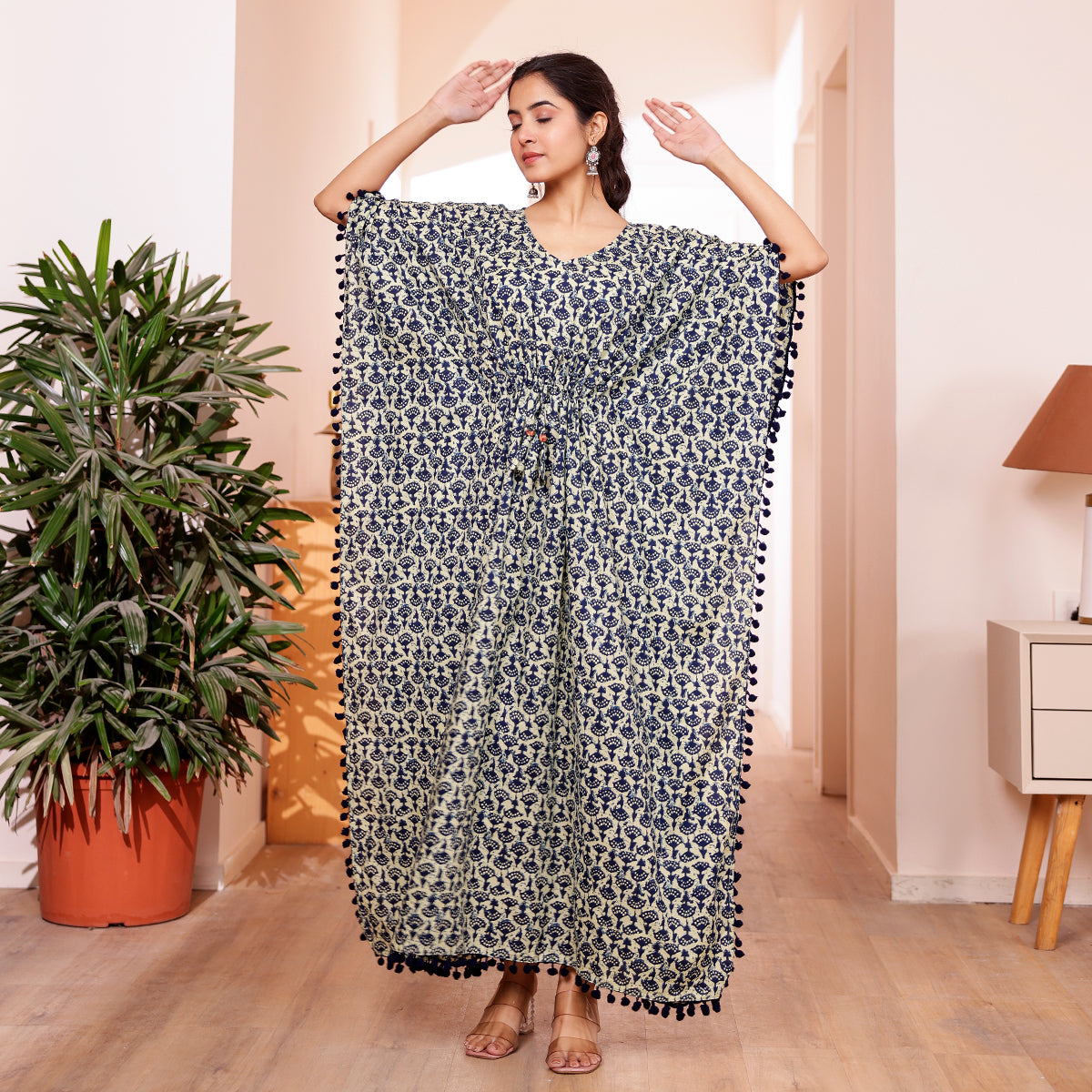 Ivory Navy Motif Print Kaftan with Pom-Pom Lace