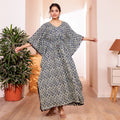 Off White & Blue Motif Printed Long Kaftan with Dark Navy Blue Pom-Pom Lace