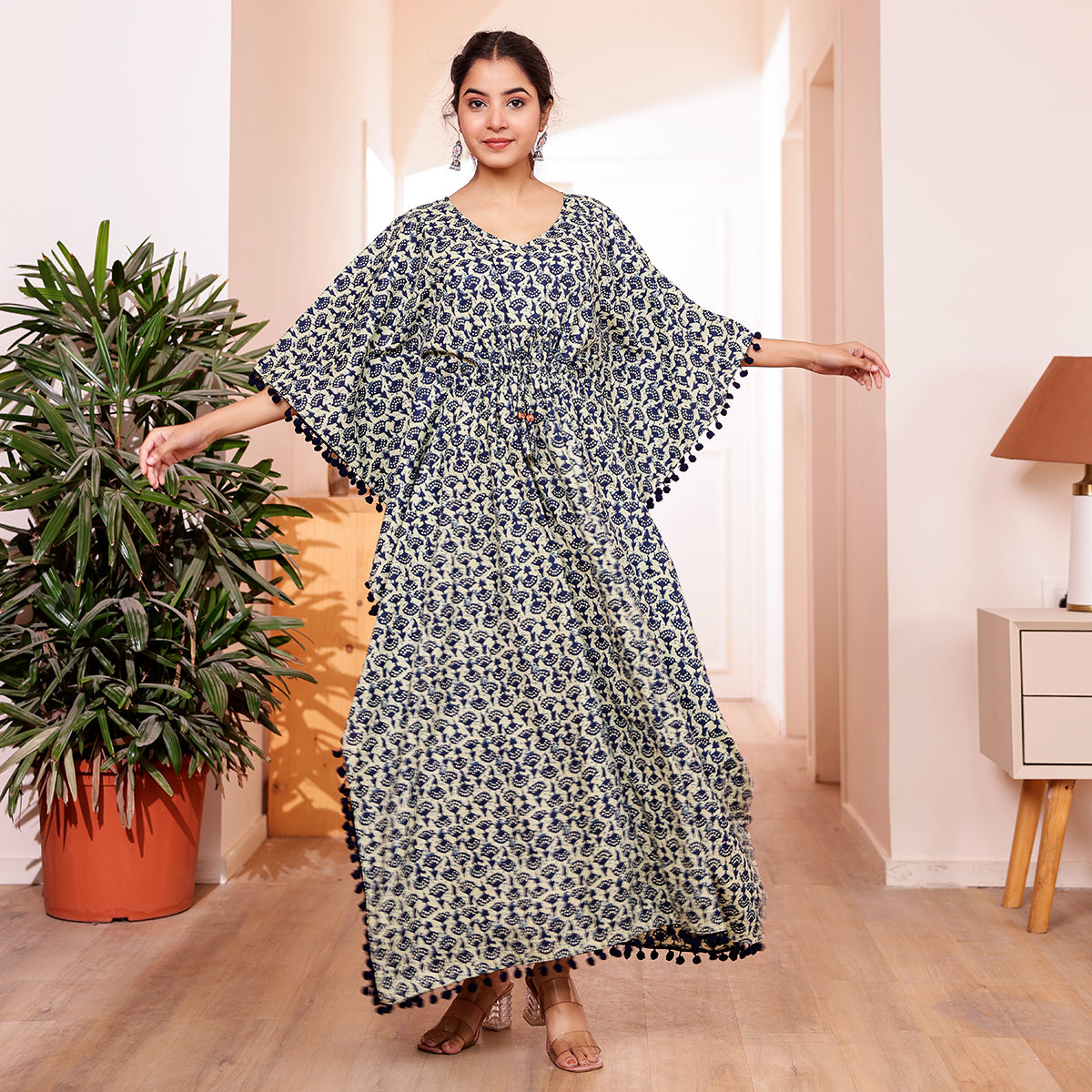 Ivory Navy Motif Print Kaftan with Pom-Pom Lace