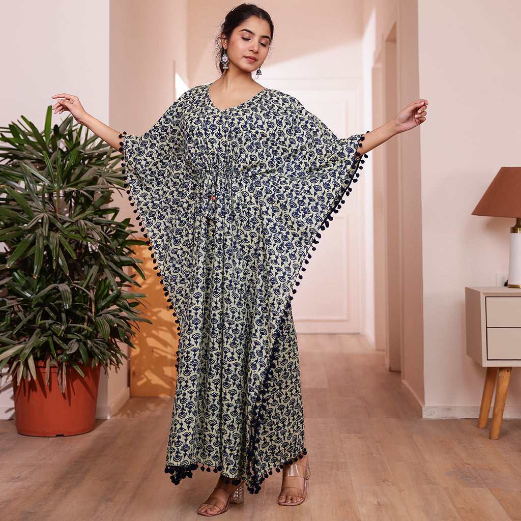 Off White & Blue Motif Printed Long Kaftan with Dark Navy Blue Pom-Pom Lace