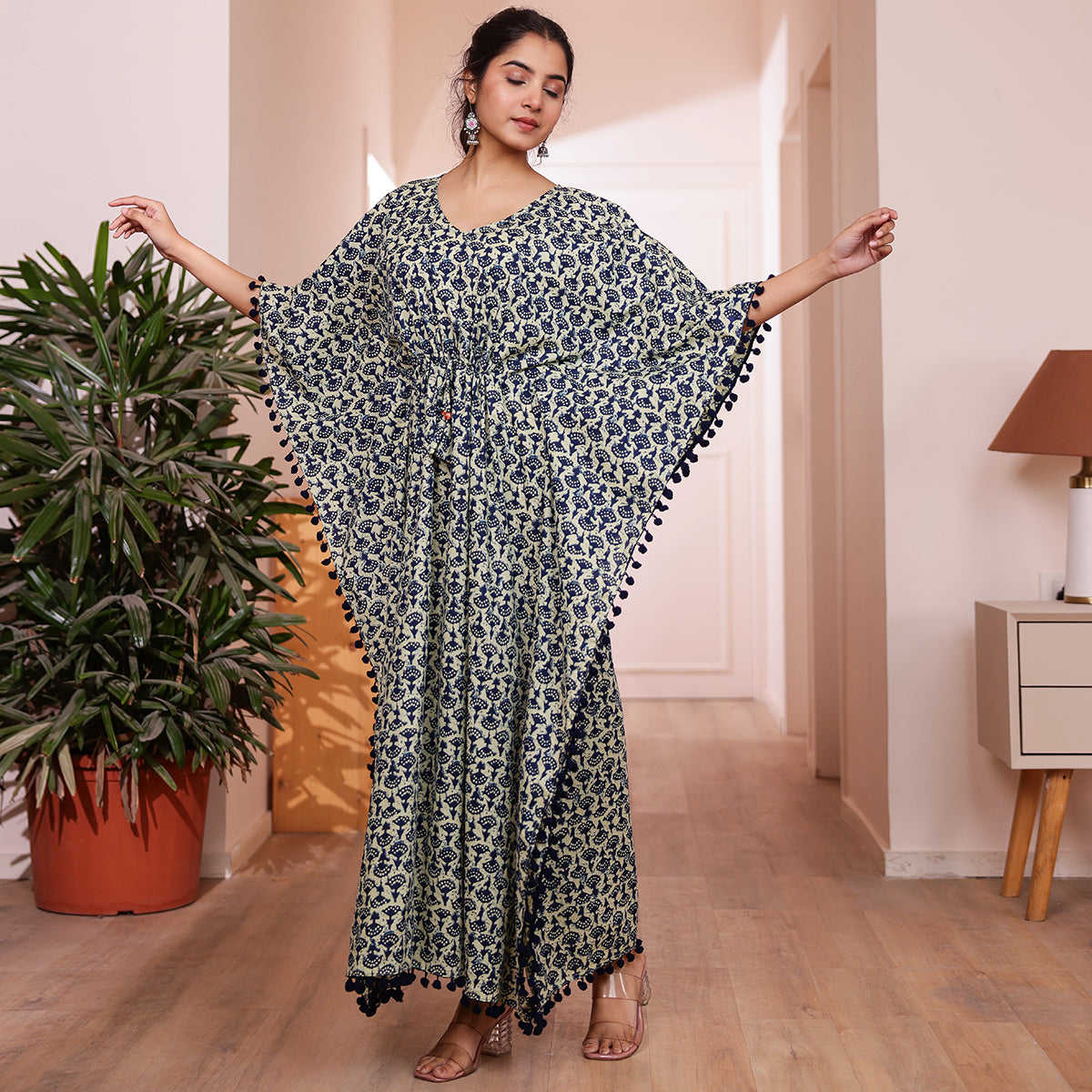 Off White & Blue Motif Printed Long Kaftan with Dark Navy Blue Pom-Pom Lace