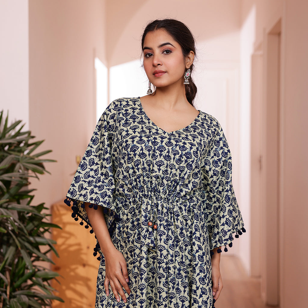 Off White & Blue Motif Printed Long Kaftan with Dark Navy Blue Pom-Pom Lace