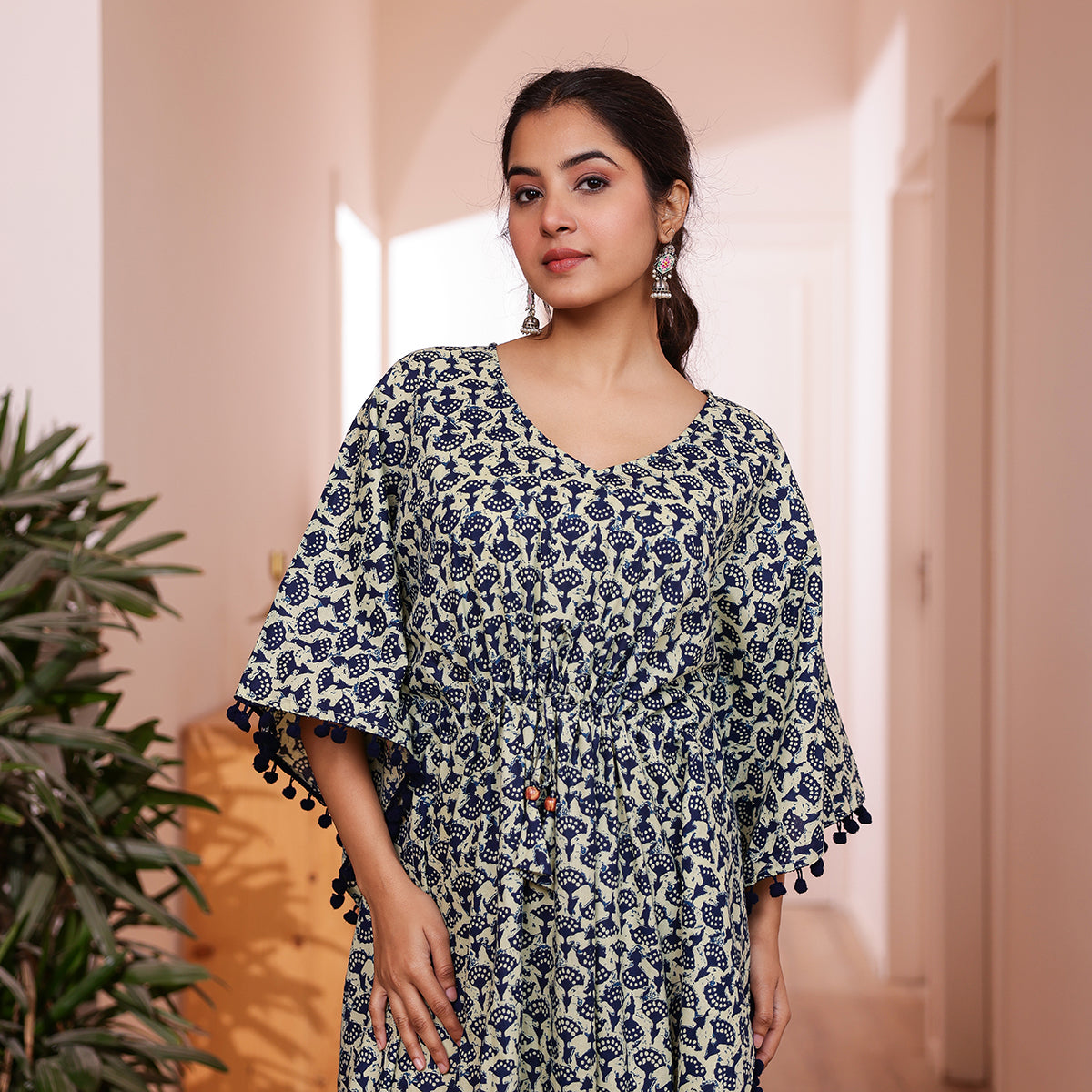 Off White & Blue Motif Printed Long Kaftan with Dark Navy Blue Pom-Pom Lace