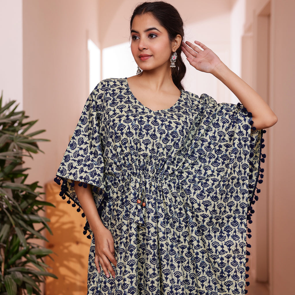 Off White & Blue Motif Printed Long Kaftan with Dark Navy Blue Pom-Pom Lace