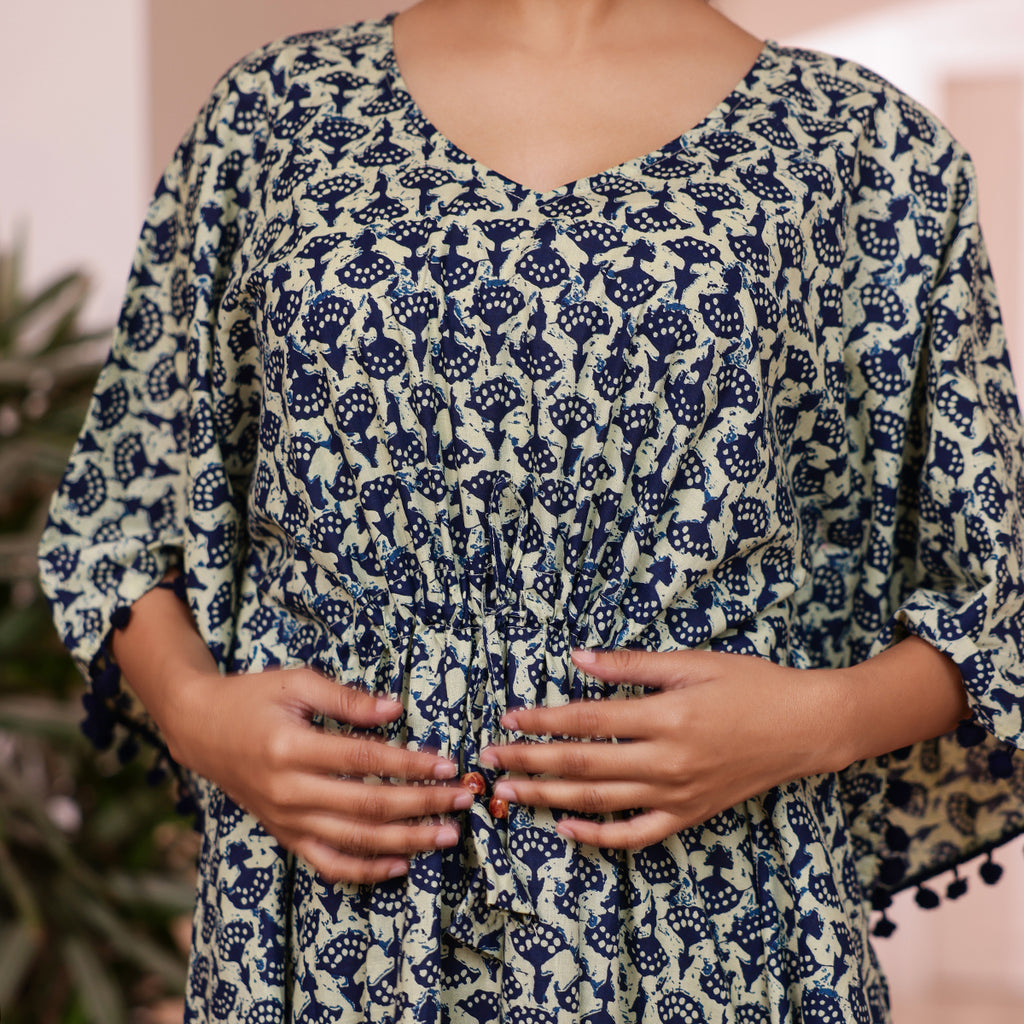 Off White & Blue Motif Printed Long Kaftan with Dark Navy Blue Pom-Pom Lace