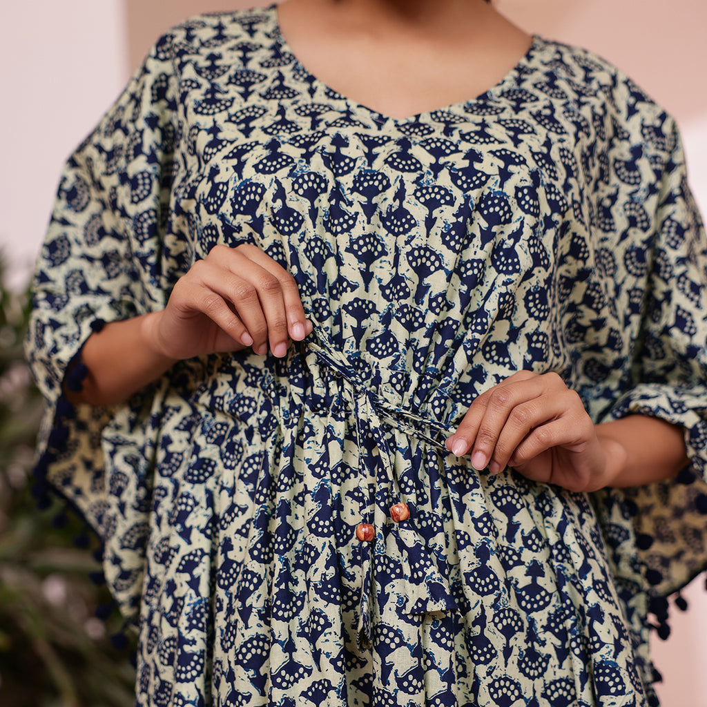 Off White & Blue Motif Printed Long Kaftan with Dark Navy Blue Pom-Pom Lace