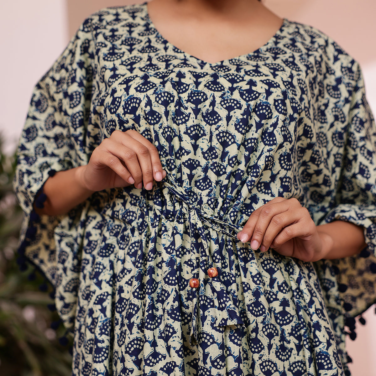 Off White & Blue Motif Printed Long Kaftan with Dark Navy Blue Pom-Pom Lace