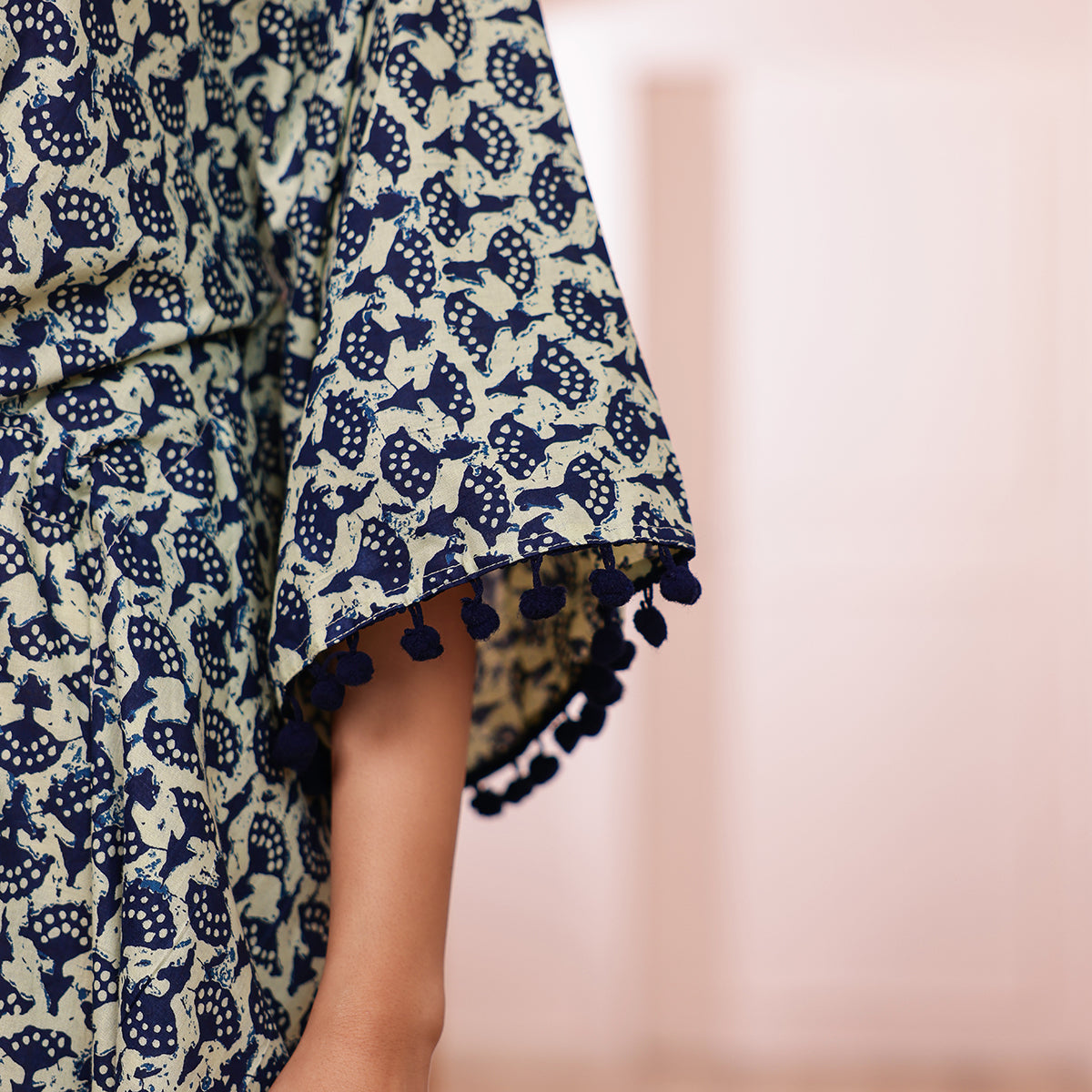 Off White & Blue Motif Printed Long Kaftan with Dark Navy Blue Pom-Pom Lace
