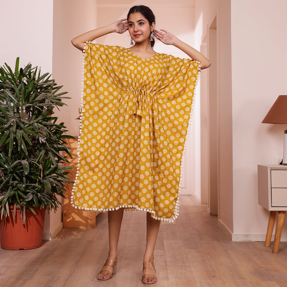 Mustard Yellow Polka Dot Printed Kaftan with Off-White Pom-Pom Lace