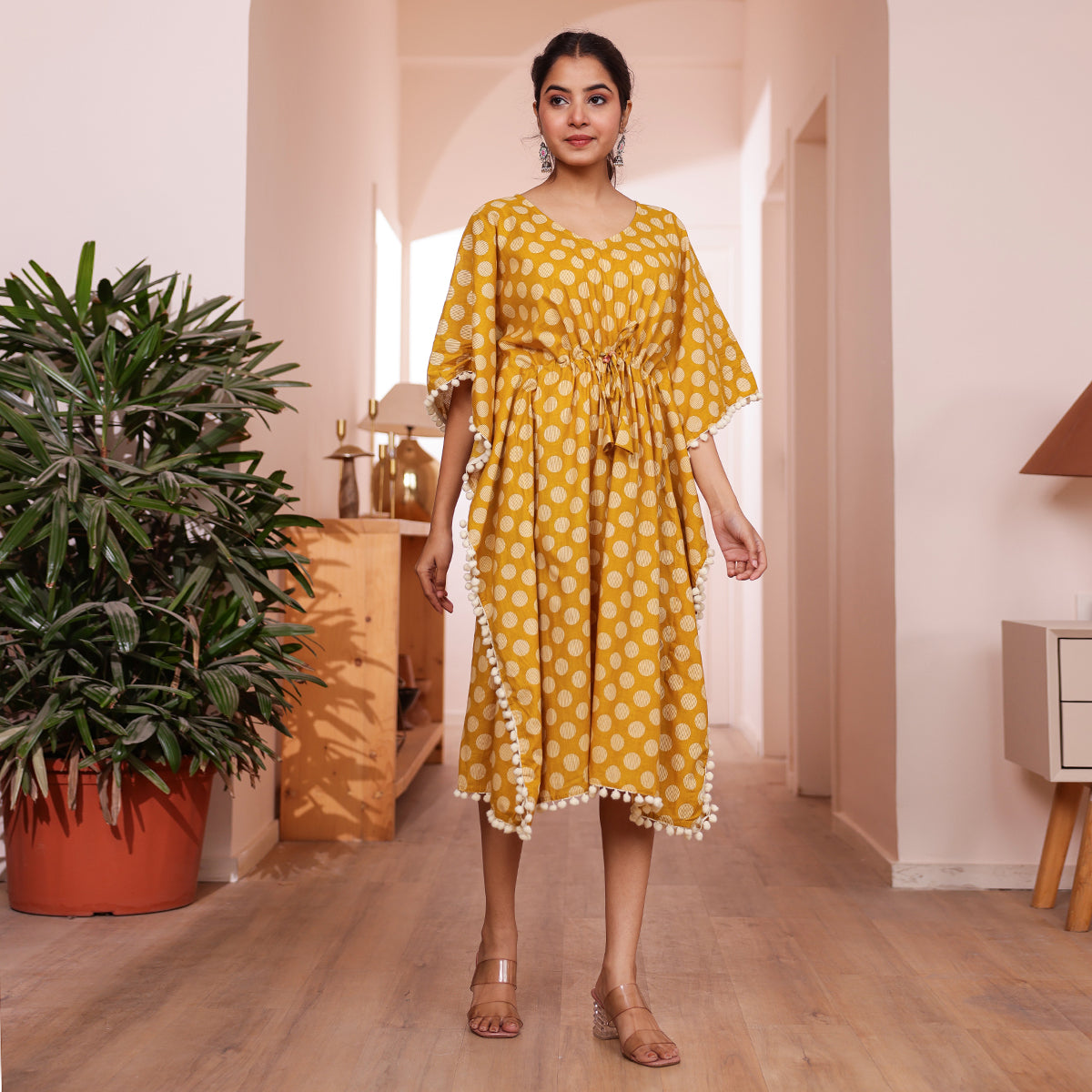 Mustard Yellow Polka Dot Printed Kaftan with Off-White Pom-Pom Lace