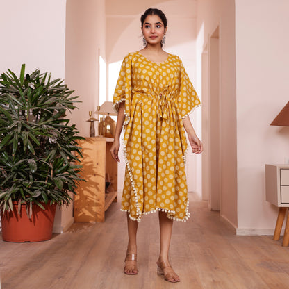 Mustard Yellow Polka Dot Printed Kaftan with Off-White Pom-Pom Lace