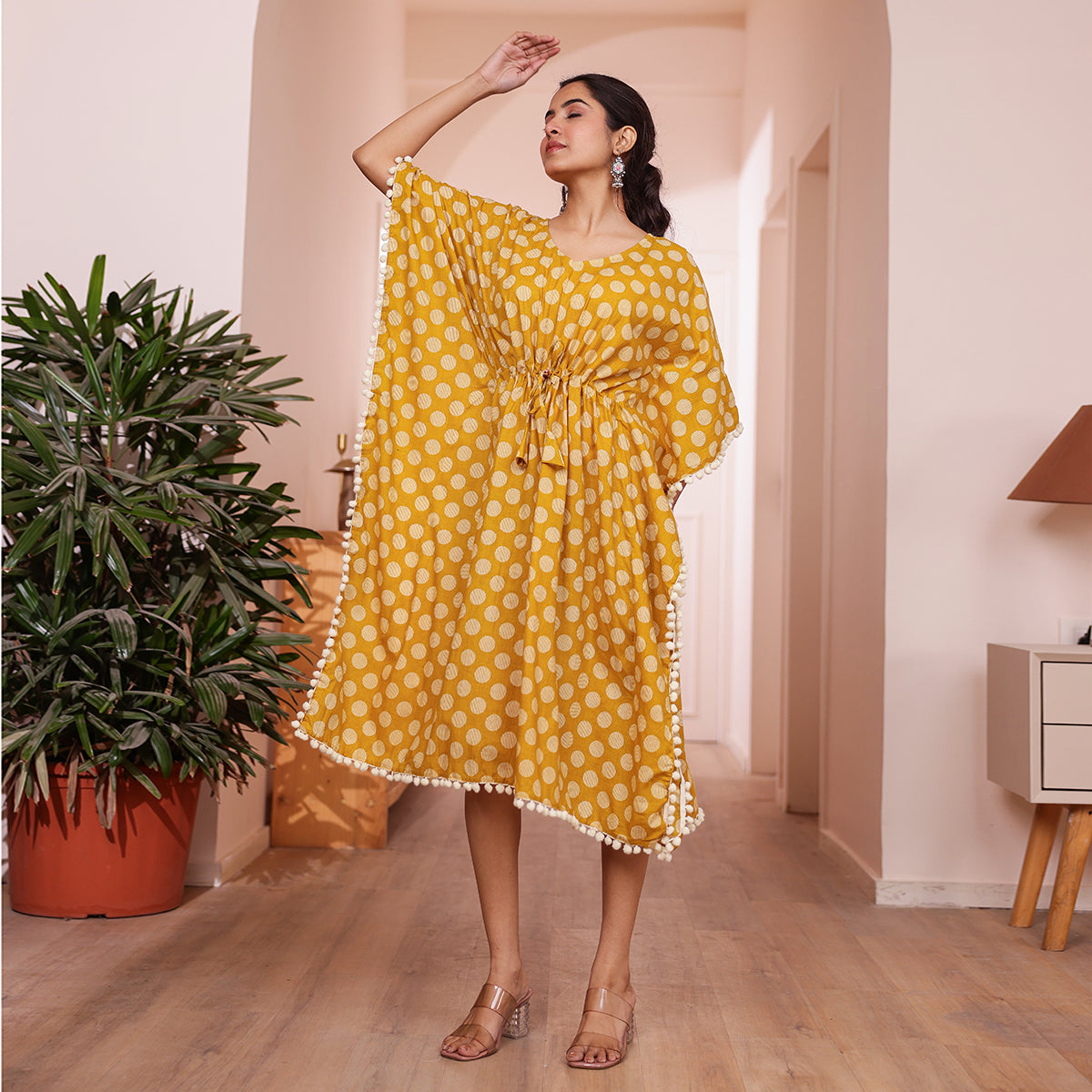Mustard Yellow Polka Dot Printed Kaftan with Off-White Pom-Pom Lace