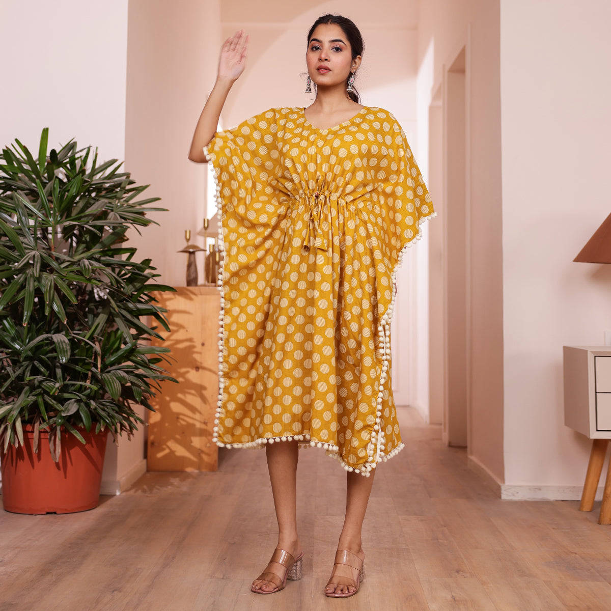 Mustard Yellow Polka Dot Printed Kaftan with Off-White Pom-Pom Lace