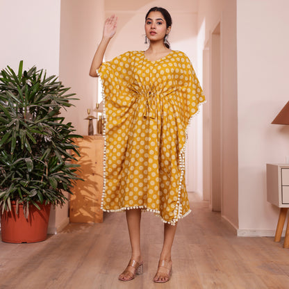 Mustard Yellow Polka Dot Printed Kaftan with Off-White Pom-Pom Lace
