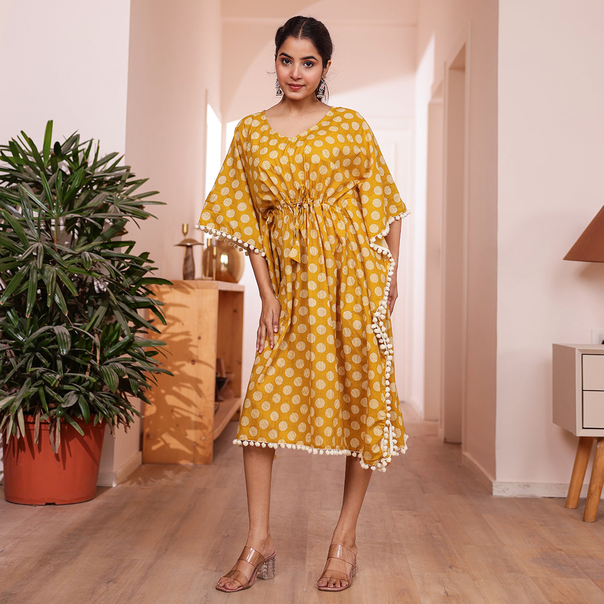 Mustard Yellow Polka Dot Kaftan with Cream Pom-Pom Lace