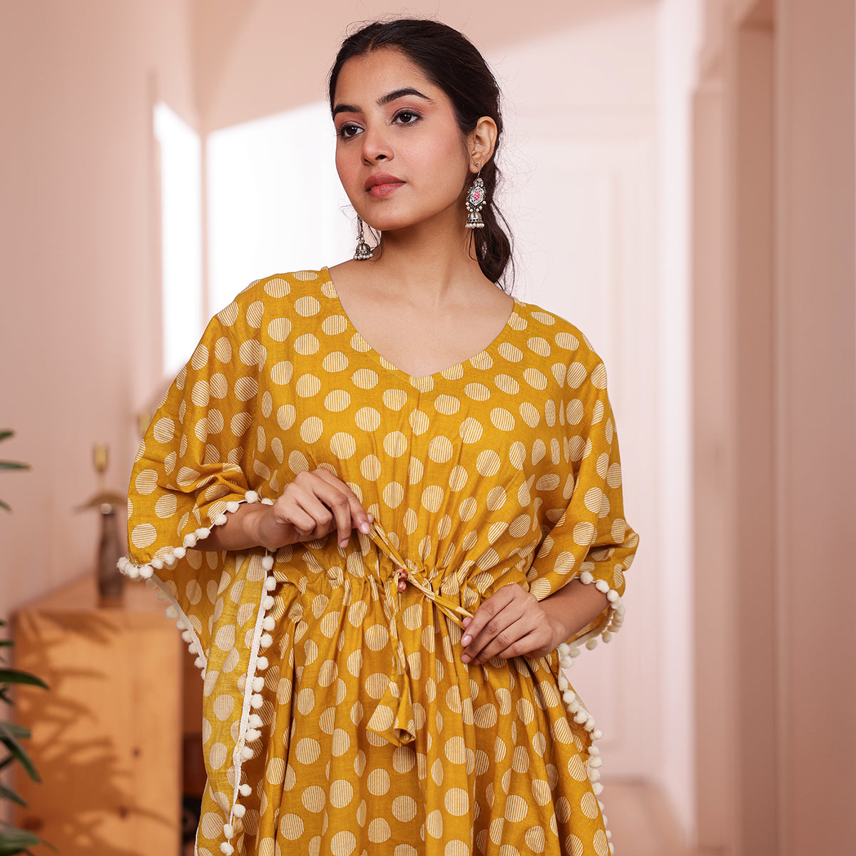 Mustard Yellow Polka Dot Printed Kaftan with Off-White Pom-Pom Lace