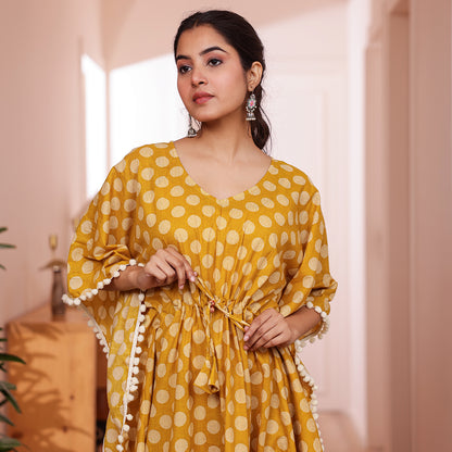 Mustard Yellow Polka Dot Printed Kaftan with Off-White Pom-Pom Lace