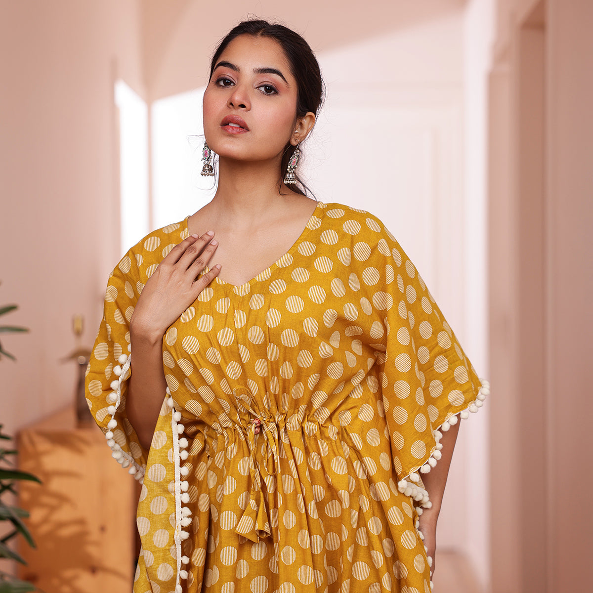 Mustard Yellow Polka Dot Printed Kaftan with Off-White Pom-Pom Lace